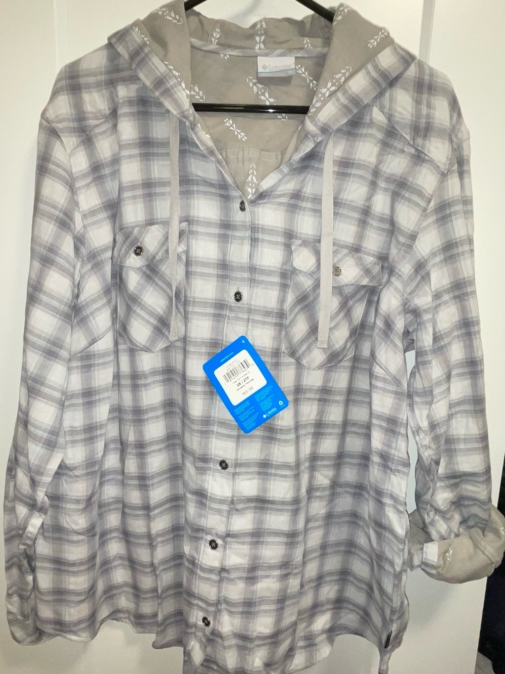 Columbia Light Gray Plaid Hooded Women’s Shirt - Casual Button-Up